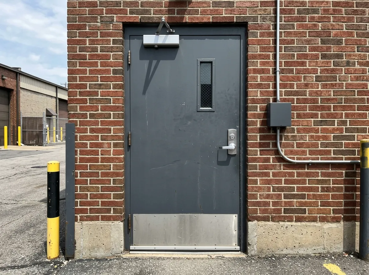 16-gauge hollow metal commercial steel door installed in warehouse facility
