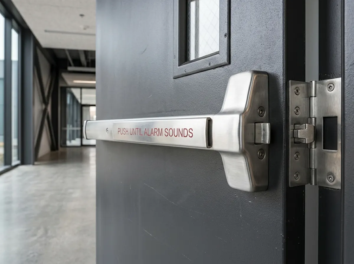Commercial panic exit bar hardware installed on heavy steel exit door